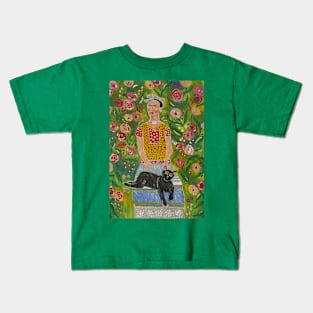 Frida Kahlo and Her Black Cat among Roses Kids T-Shirt